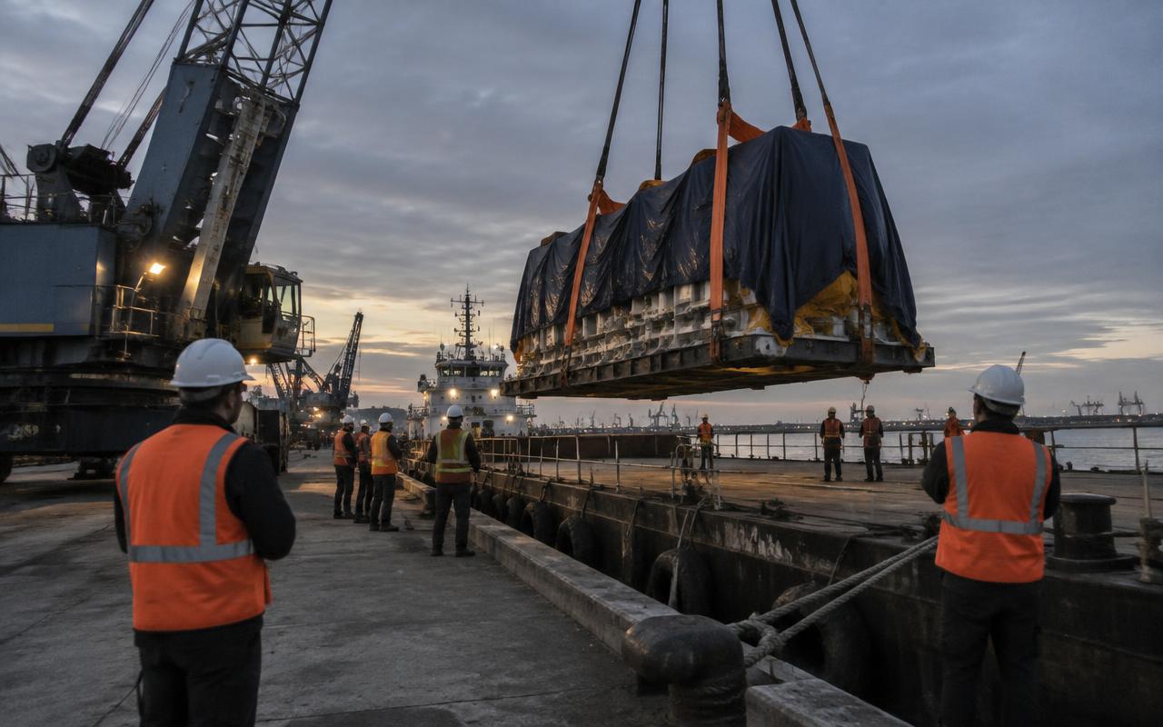 Petugas lapangan berompi oranye mengawasi crane mengangkat peralatan berat di dermaga